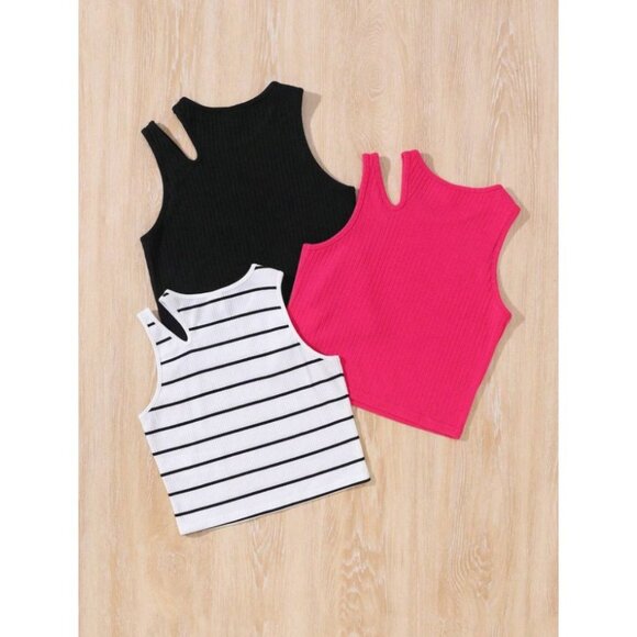 SHEIN Tween Girl 3pcs Knitted Hollow Out Round Neck Casual Tank Top - Size 12 - Picture 5 of 6